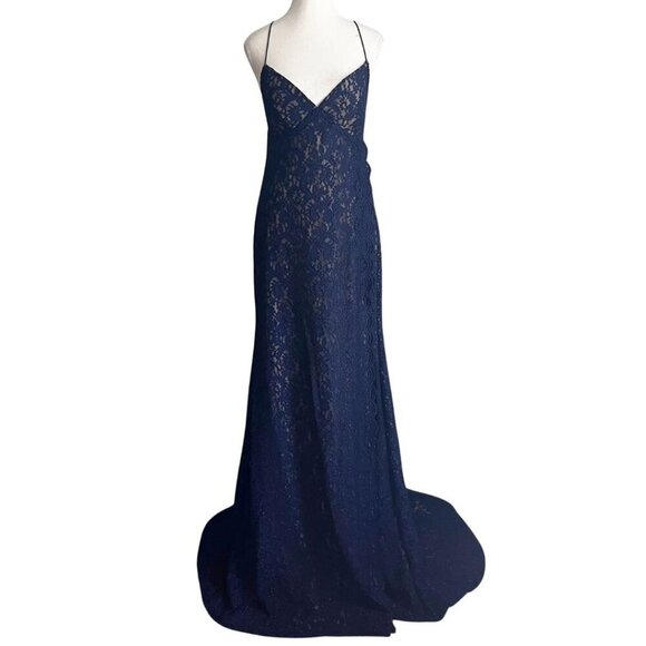 NWT JOIE NAVY GLITTER LACE SCALLOPED SLIT TRAIN EVENING GOWN - L - Picture 3 of 9
